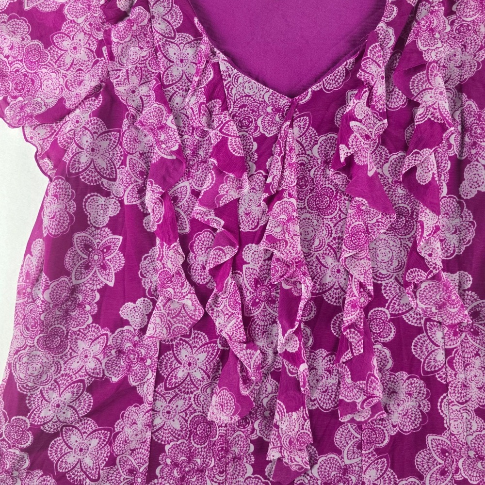 Elle Ruffle Front Blouse Womens 1X Purple Floral Flutter Sleeve V-Neck Top Plus - Picture 3 of 9